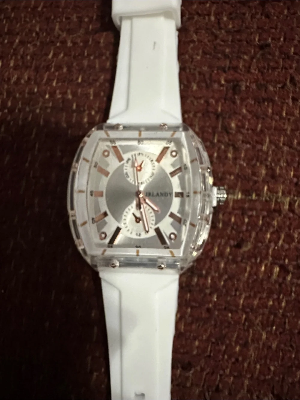 White Silicone Strap Analog Watch with gold accents